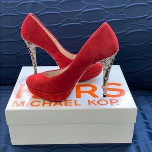 Women Red Suede/ Genuine Snake Detail Heels.